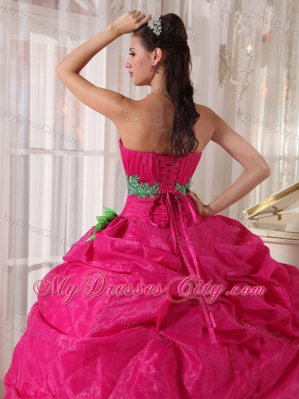 Sweetheart Handmade Flower Organza Hot Pink Quinceanera Dresses