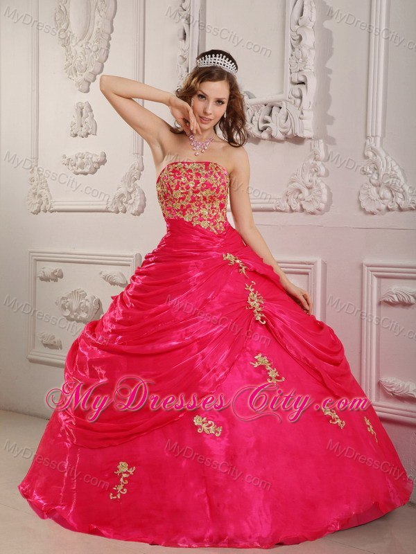 Coral Red Long Organza Strapless Dresses for Quinceanera