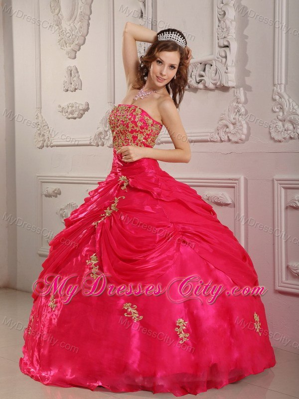 Coral Red Long Organza Strapless Dresses for Quinceanera