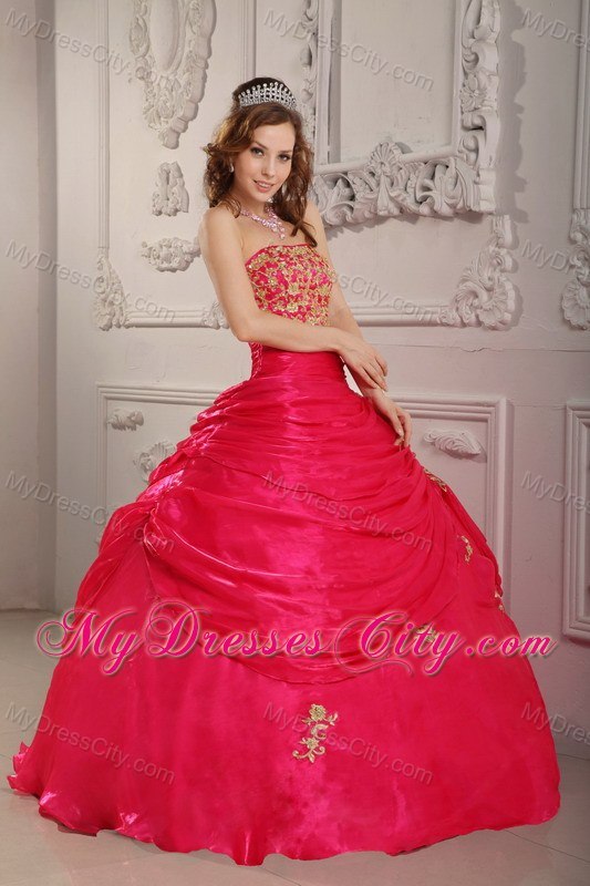 Coral Red Long Organza Strapless Dresses for Quinceanera