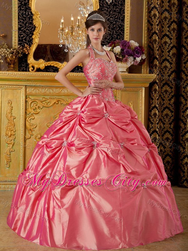 Watermelon Halter Taffeta Quinceanera Dress with Pick-ups