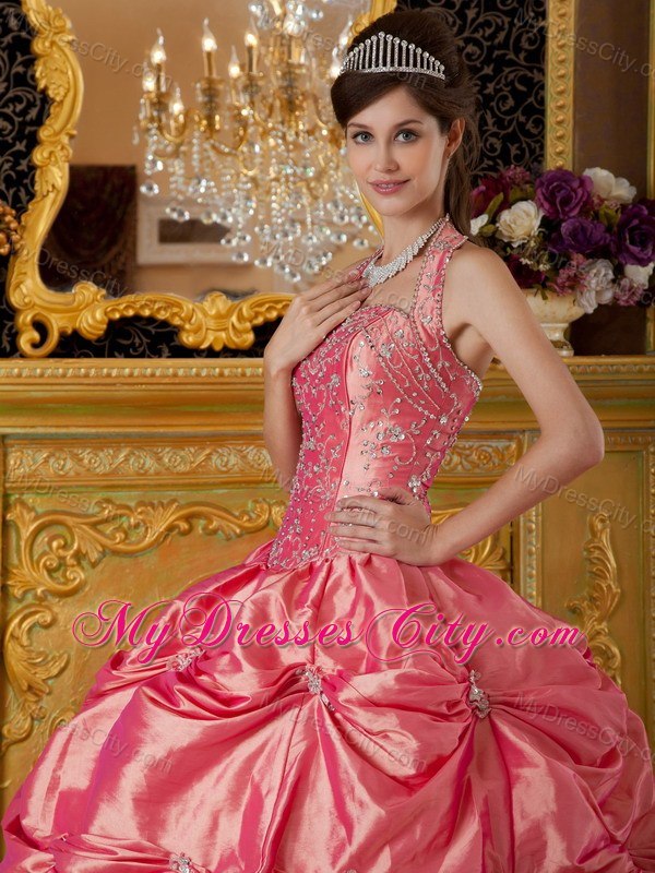 Watermelon Halter Taffeta Quinceanera Dress with Pick-ups