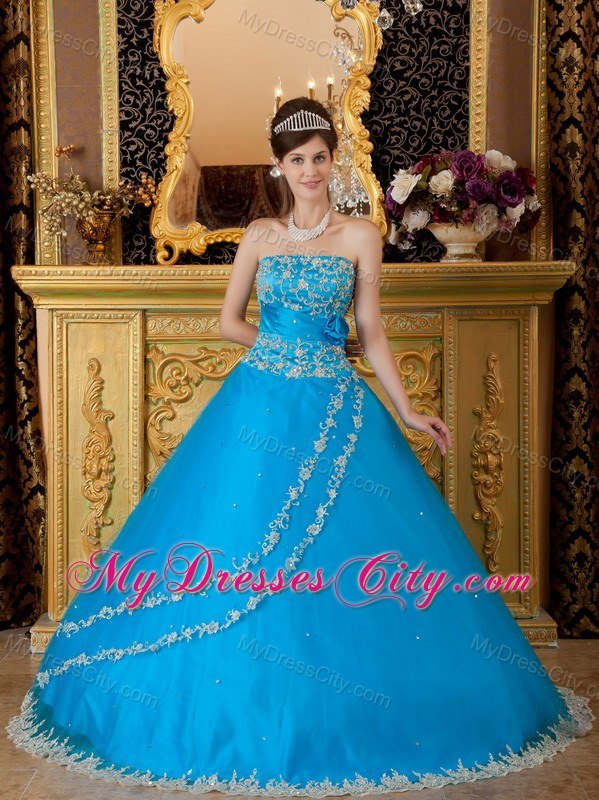 Fashionable Lace Appliques Teal Strapless Dress for Quince