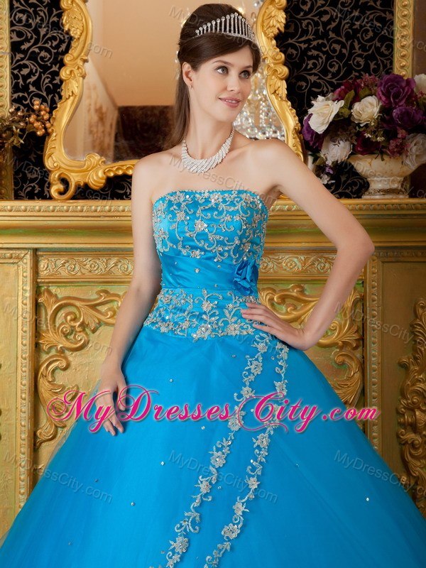 Fashionable Lace Appliques Teal Strapless Dress for Quince