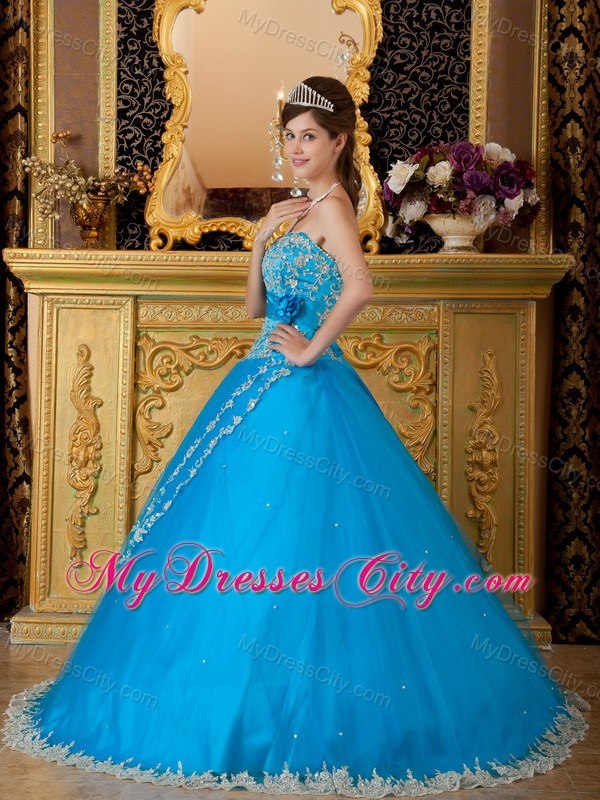 Fashionable Lace Appliques Teal Strapless Dress for Quince