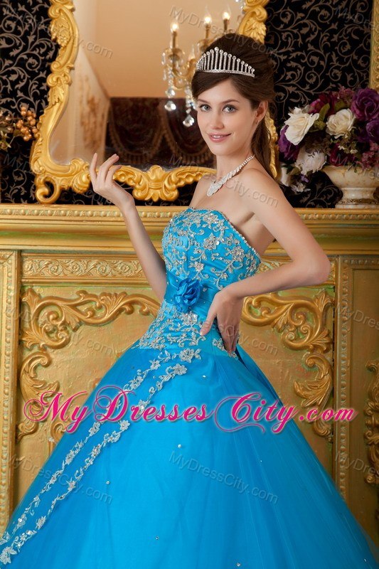 Fashionable Lace Appliques Teal Strapless Dress for Quince