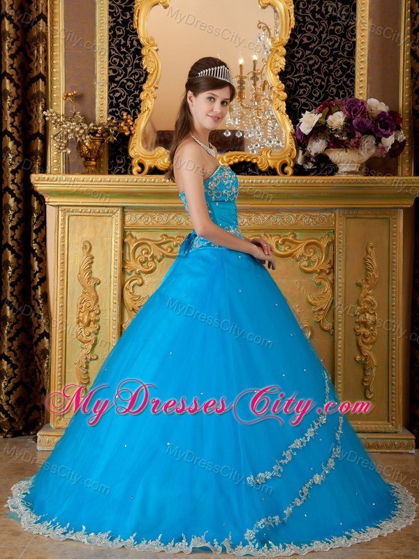 Fashionable Lace Appliques Teal Strapless Dress for Quince