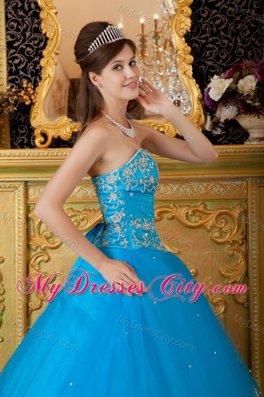 Fashionable Lace Appliques Teal Strapless Dress for Quince