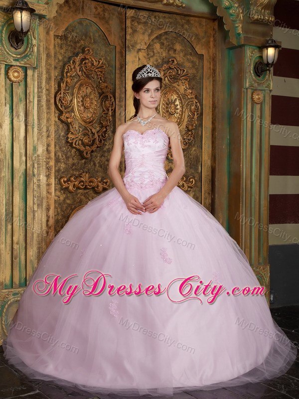 Sweetheart Tulle Long Baby Pink Sweet Sixteen Dresses