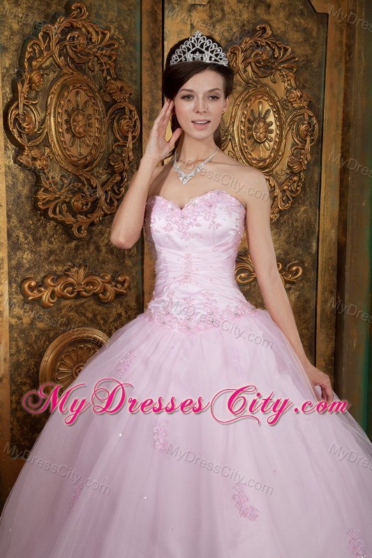 Sweetheart Tulle Long Baby Pink Sweet Sixteen Dresses