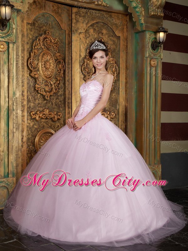 Sweetheart Tulle Long Baby Pink Sweet Sixteen Dresses