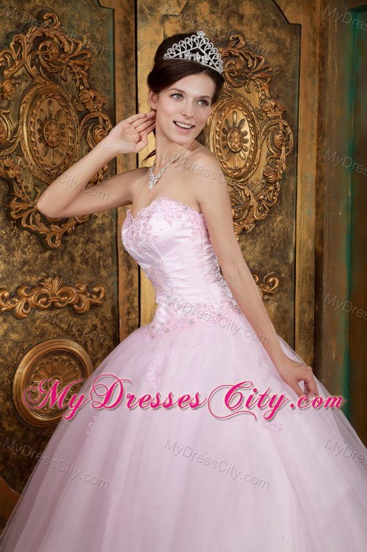 Sweetheart Tulle Long Baby Pink Sweet Sixteen Dresses