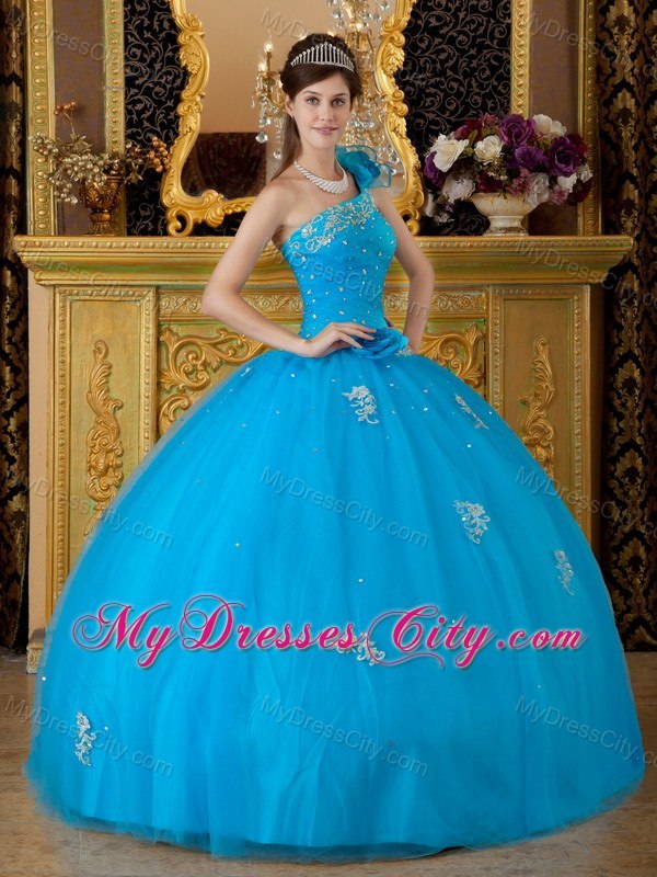 Flowers One Shoulder Appliques 2013 Beautiful Blue Quinceanera Gowns