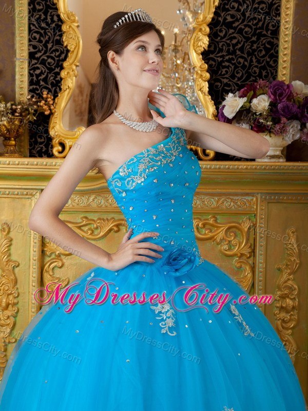 Flowers One Shoulder Appliques 2013 Beautiful Blue Quinceanera Gowns