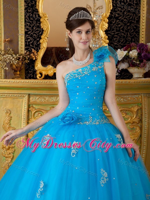 Flowers One Shoulder Appliques 2013 Beautiful Blue Quinceanera Gowns