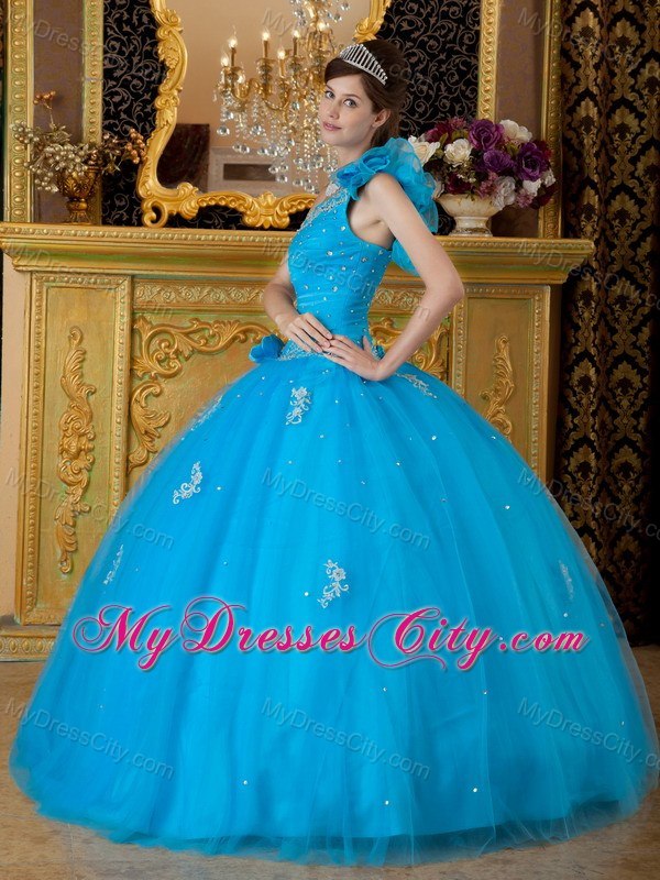 Flowers One Shoulder Appliques 2013 Beautiful Blue Quinceanera Gowns