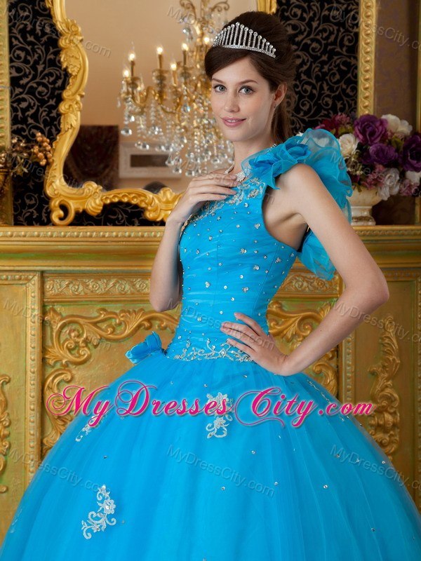 Flowers One Shoulder Appliques 2013 Beautiful Blue Quinceanera Gowns