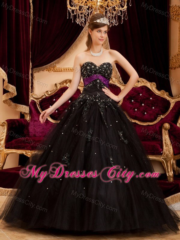 Cheap Appliques With Sequins Tulle A-line Black Dresses For Sweet 16