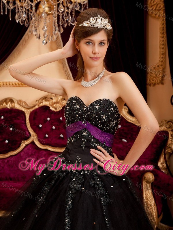 Cheap Appliques With Sequins Tulle A-line Black Dresses For Sweet 16