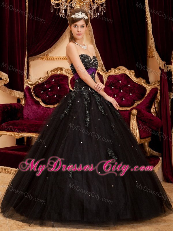 Cheap Appliques With Sequins Tulle A-line Black Dresses For Sweet 16