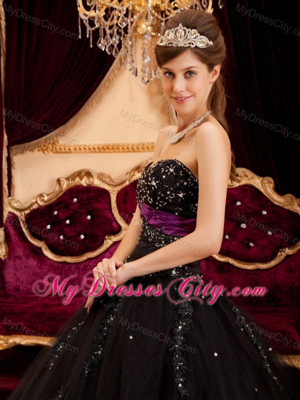 Cheap Appliques With Sequins Tulle A-line Black Dresses For Sweet 16