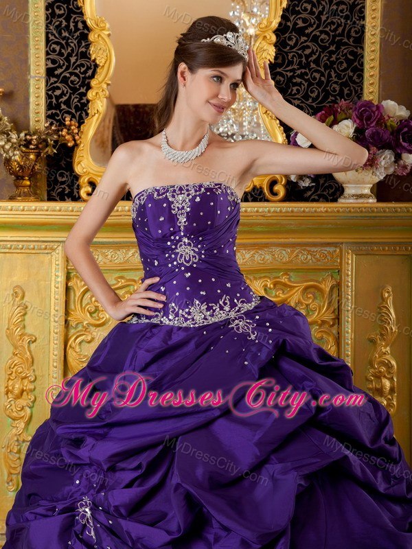 Purple Beaded Strapless Pick Ups New Style Quinceanera Gowns