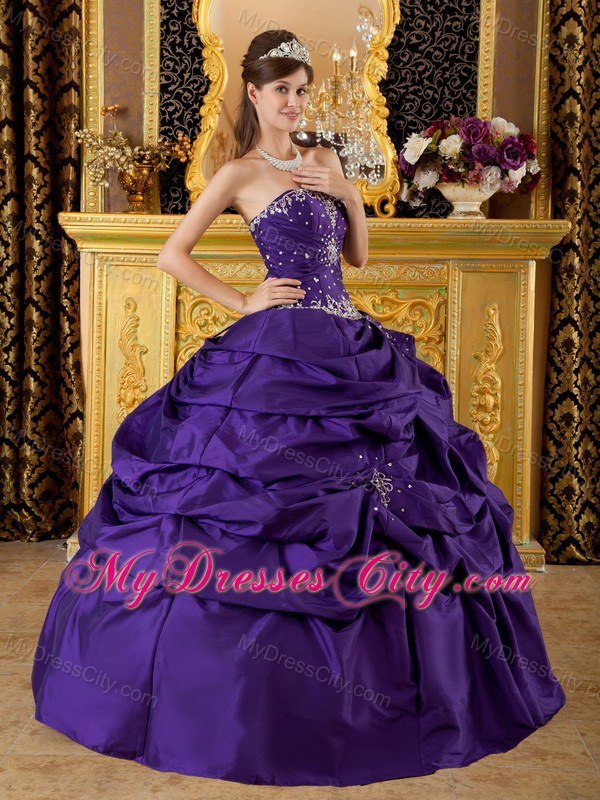 Purple Beaded Strapless Pick Ups New Style Quinceanera Gowns