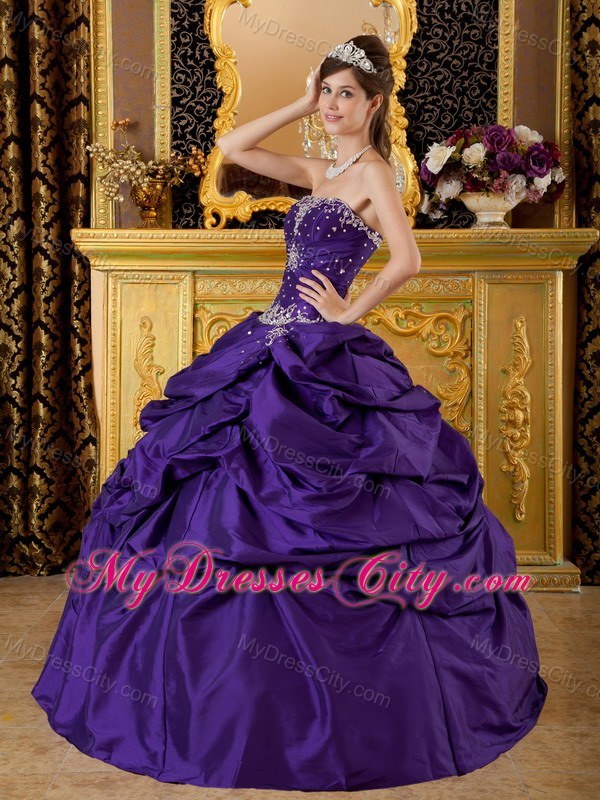 Purple Beaded Strapless Pick Ups New Style Quinceanera Gowns