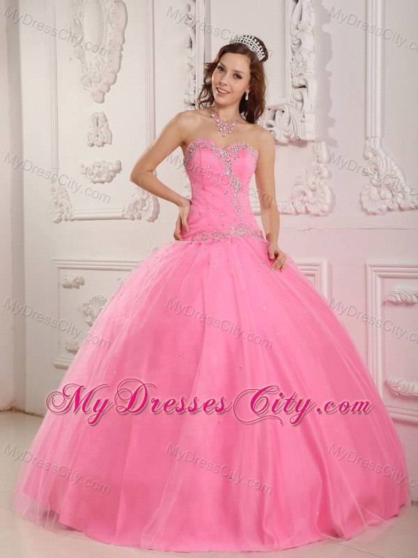 Hot Sale Sweetheart Beaded Tulle Rose Pink Quinceanera Gowns 2013