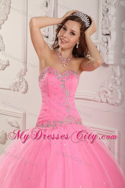 Hot Sale Sweetheart Beaded Tulle Rose Pink Quinceanera Gowns 2013