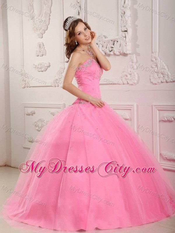 Hot Sale Sweetheart Beaded Tulle Rose Pink Quinceanera Gowns 2013