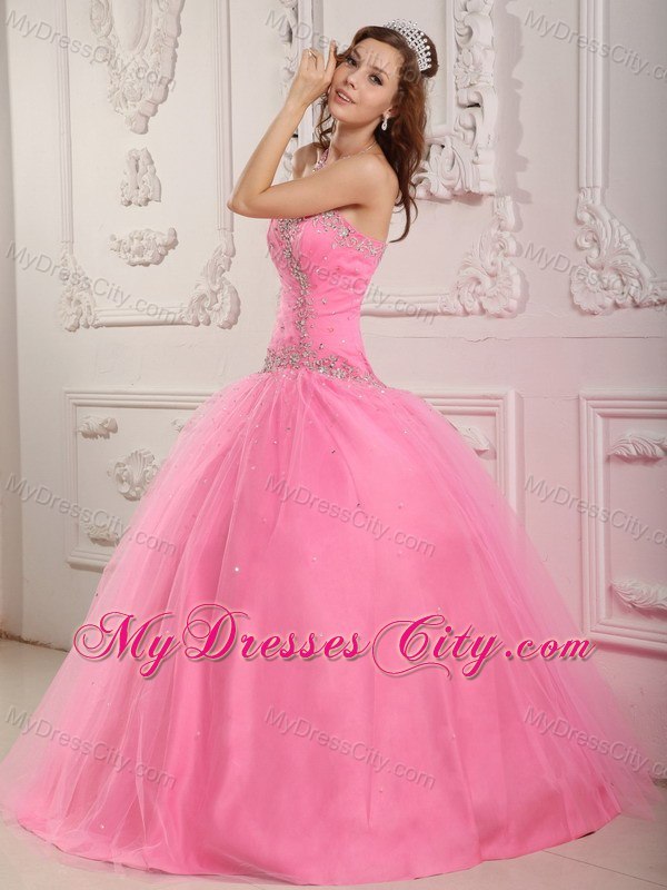 Hot Sale Sweetheart Beaded Tulle Rose Pink Quinceanera Gowns 2013