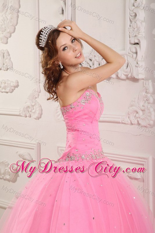 Hot Sale Sweetheart Beaded Tulle Rose Pink Quinceanera Gowns 2013