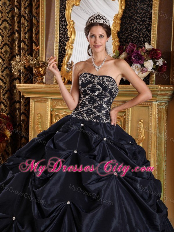 Appliques Strapless Pick Ups Black Cheap Quinceanera Dresses On Sale