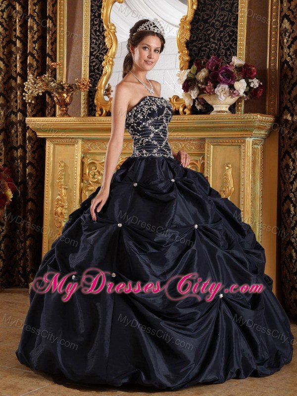 Appliques Strapless Pick Ups Black Cheap Quinceanera Dresses On Sale