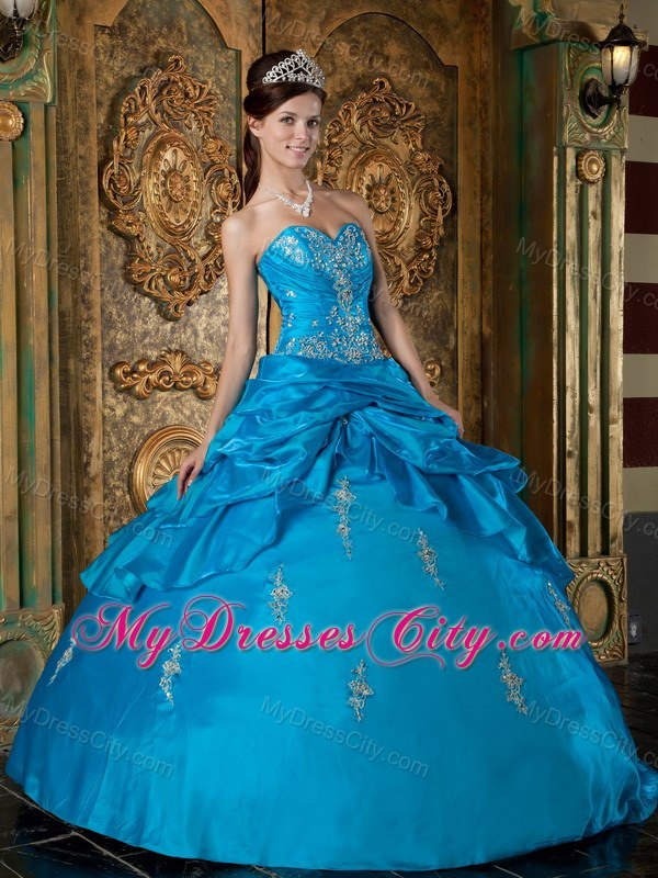 Teal Sweetheart Appliques Pick Ups 2013 Quinceanera Gowns For Cheap