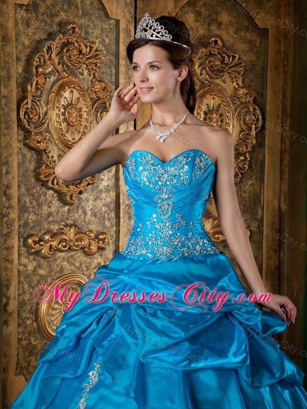 Teal Sweetheart Appliques Pick Ups 2013 Quinceanera Gowns For Cheap