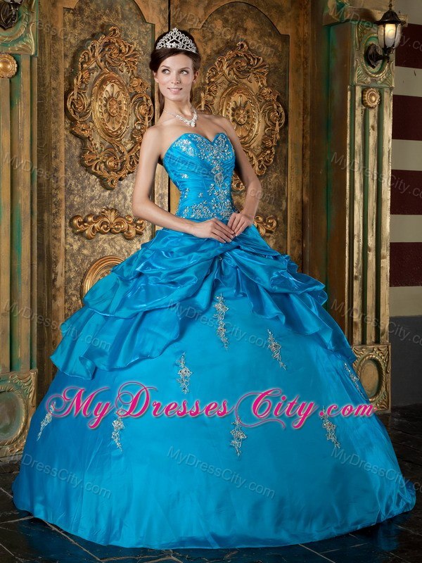 Teal Sweetheart Appliques Pick Ups 2013 Quinceanera Gowns For Cheap