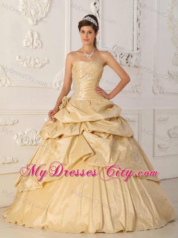 Champagne Strapless Beaded Pick Ups Taffeta Dresses For Quince