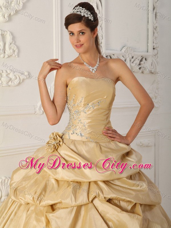 Champagne Strapless Beaded Pick Ups Taffeta Dresses For Quince