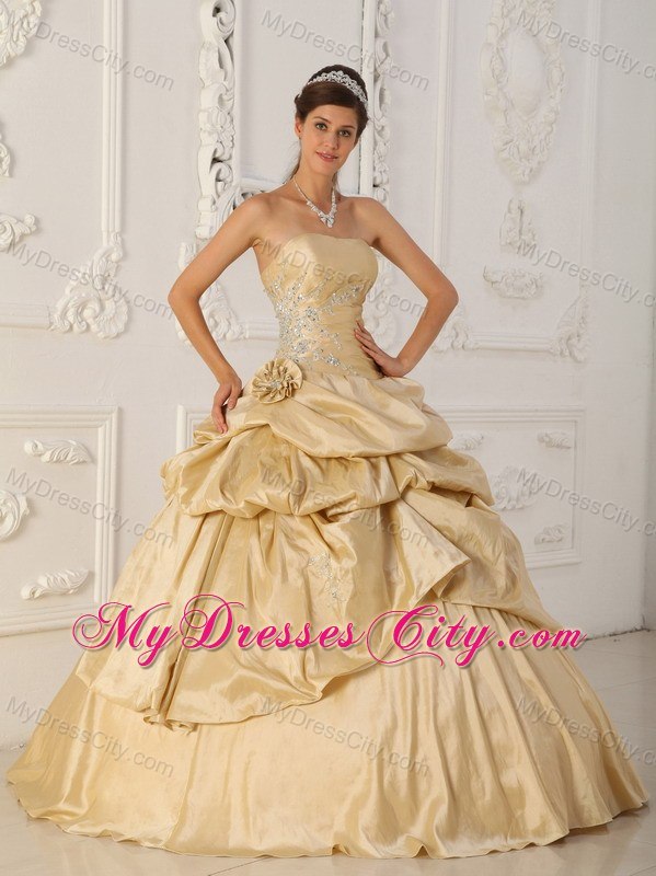 Champagne Strapless Beaded Pick Ups Taffeta Dresses For Quince