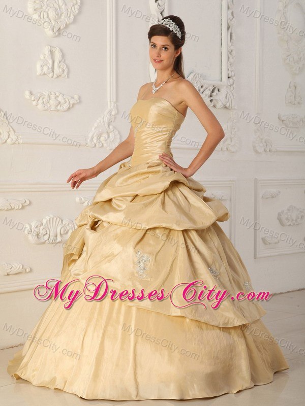 Champagne Strapless Beaded Pick Ups Taffeta Dresses For Quince