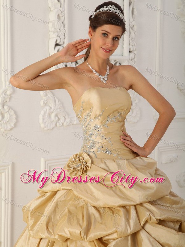 Champagne Strapless Beaded Pick Ups Taffeta Dresses For Quince