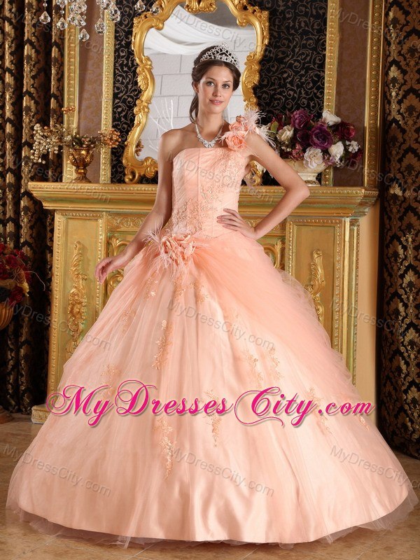 Elegant Flowers One Shoulder Appliques Tulle Peach Quinceanera Dresses