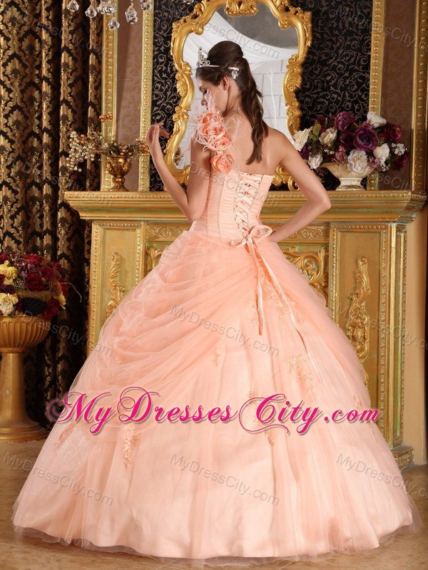 Elegant Flowers One Shoulder Appliques Tulle Peach Quinceanera Dresses