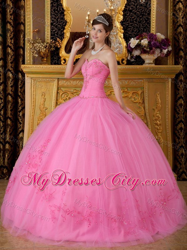 Puffy Embroidery With Beading Sweetheart Rose Pink Quinceanera Gowns