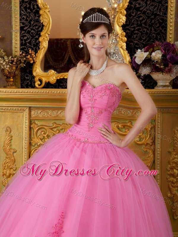 Puffy Embroidery With Beading Sweetheart Rose Pink Quinceanera Gowns