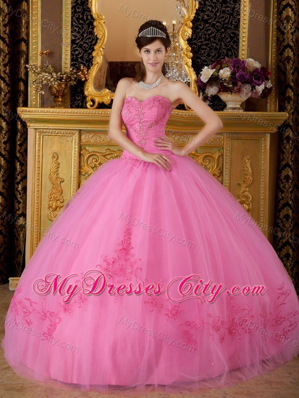 Puffy Embroidery With Beading Sweetheart Rose Pink Quinceanera Gowns