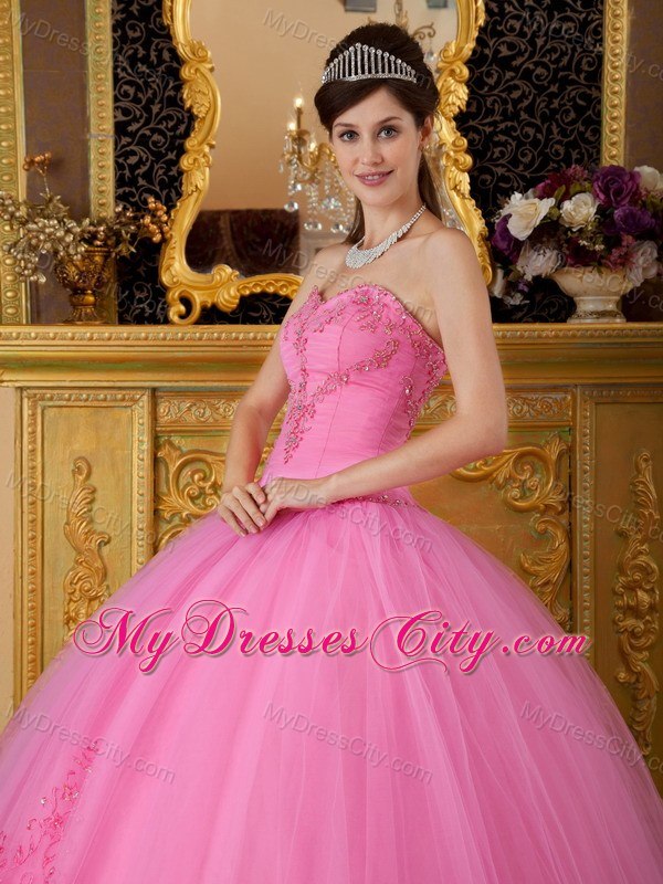 Puffy Embroidery With Beading Sweetheart Rose Pink Quinceanera Gowns