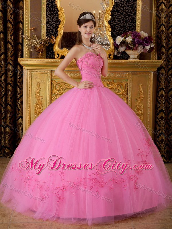 Puffy Embroidery With Beading Sweetheart Rose Pink Quinceanera Gowns